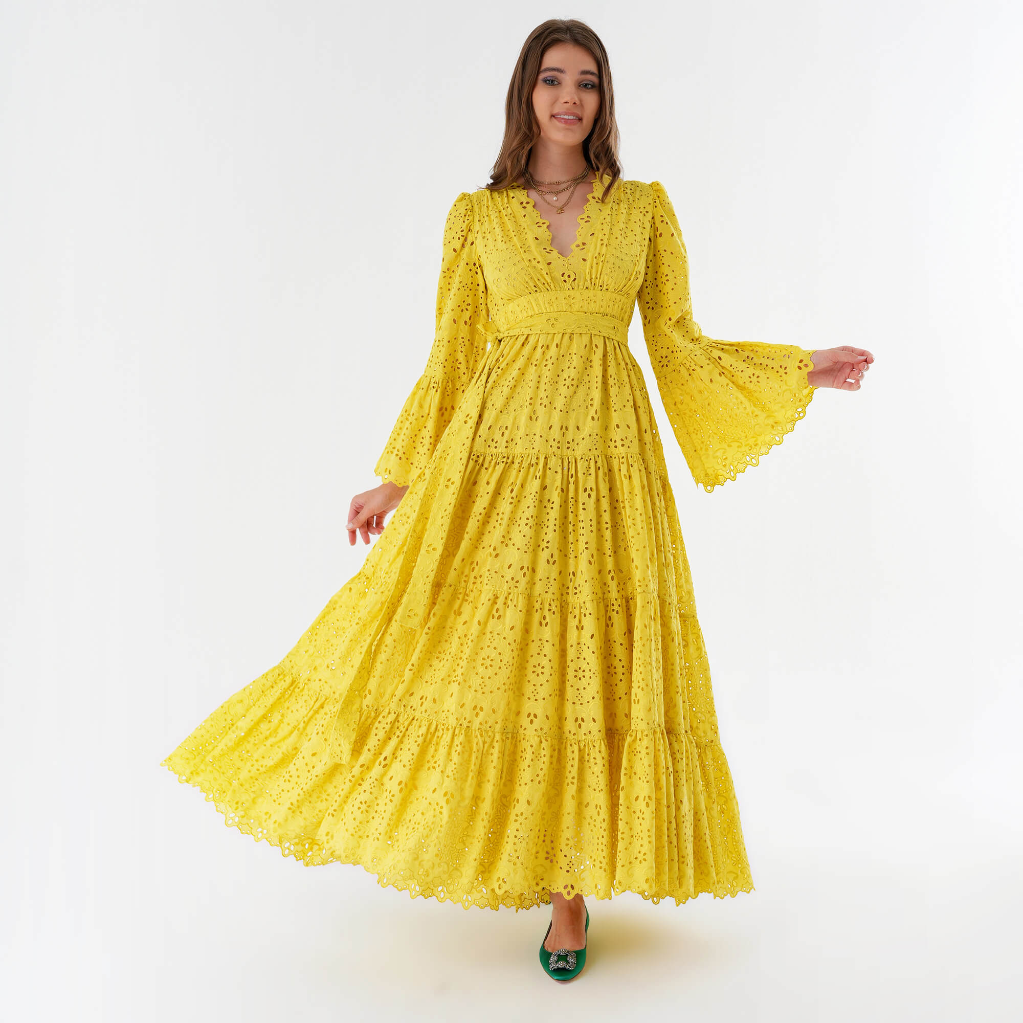 Elie Saab - Yellow Cotton Blend Embroidered Long Dress IT40